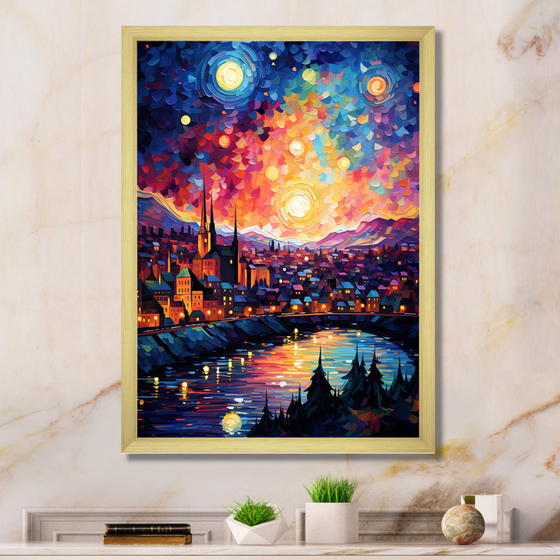 Nuit étoilée sur le rhône en France III - Vangogh, art mural, Encadrement doré, H 20 po x l 12 po