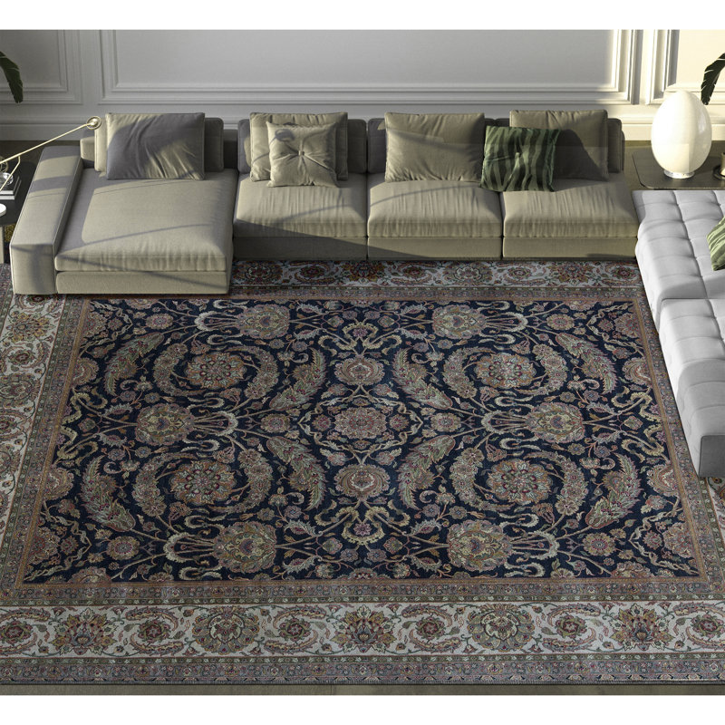 Tapis noir et ivoire noué à la main de haute qualité