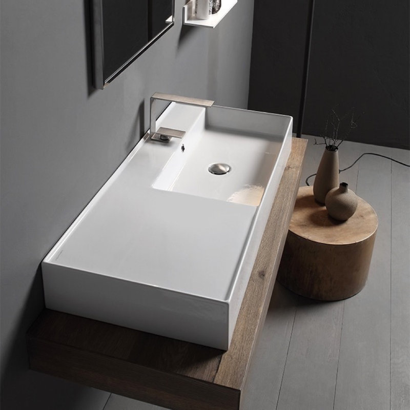 Scarabeo By Nameeks 18.1'' Glossy White Ceramic Rectangular Vessel, Wall Mount Bathroom Sink with Overflow, Three Hole