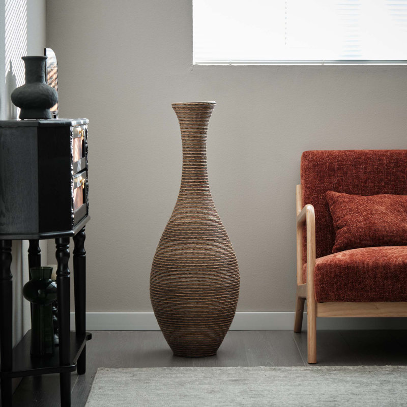 40" H Large Floor Vase, Two-Tone Hand Woven Rattan Finish, Tall Flower Decorative Vase, PVC Floor Vase