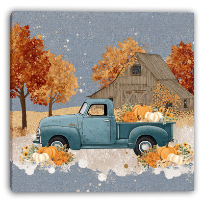 Autumn Barn with Blue Truck Wrapped Canvas Wall Art