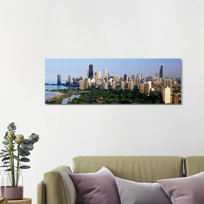 Buildings in a City, View of Hancock Building and Sears Tower, Lincoln Park, Lake Michigan, Chicago, Cook County, Illinois, USA 1 Piece Wrapped Canvas Panoramic Wall Art