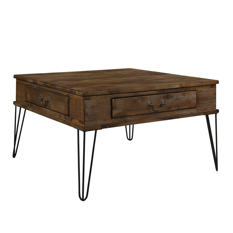 Table basse carrée rustique en chêne et noir avec 2 tiroirs et pieds en métal