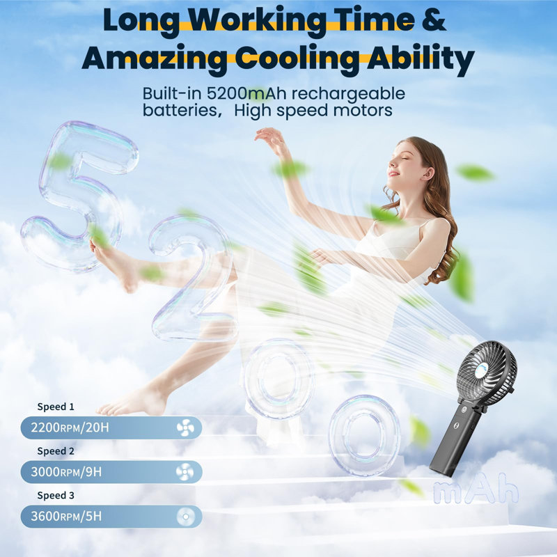 5200mAh Black and Transparent Portable Handheld Fan with Rechargeable Battery
