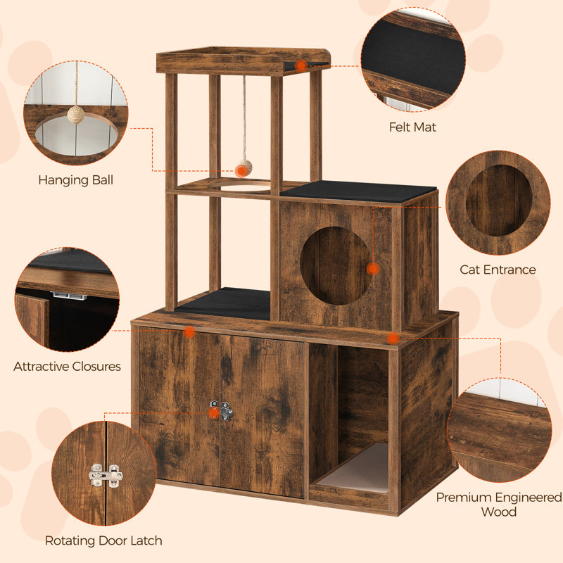 Rustic Brown Wooden Cat Tree with Hidden Litter Box and Condo