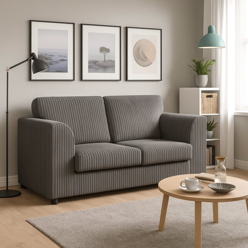 Corduroy Sofa, Grey, 75cm H x 165cm W x 90cm D