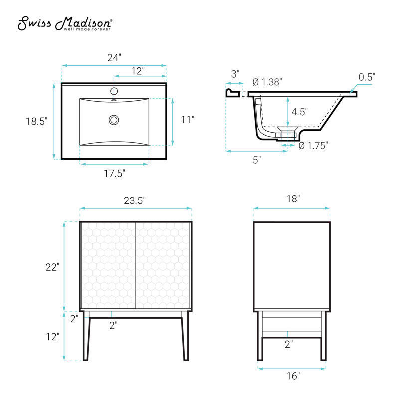 Bosse 24" Freestanding Bathroom Vanity in Natural Oak with Black 3-Hole Centerset Sink Top, Black, Natural Oak, 4" Centerset