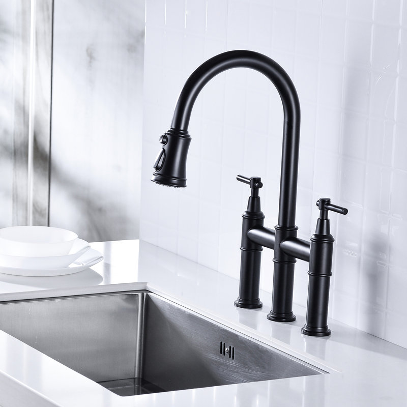 Matte Black Bridge Kitchen Faucet - Quality Materials For Long-Lasting Durability 360-Degree Rotatable Nozzle Enhanced Cleaning Effect