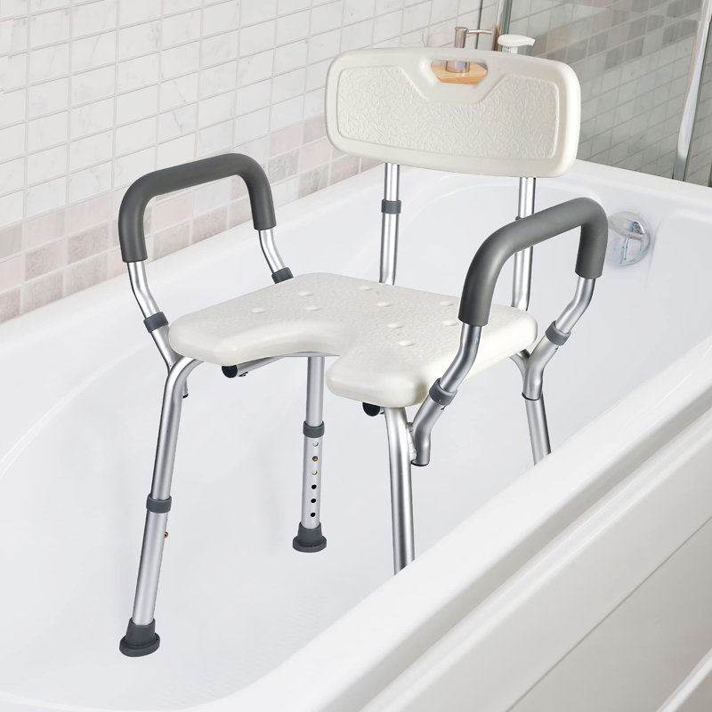 U Shower Chair Seat With Padded Armrests For Bathtub Slip Resistant Shower Seat Adjustable Height Shower Chair 350 Lb Capacity