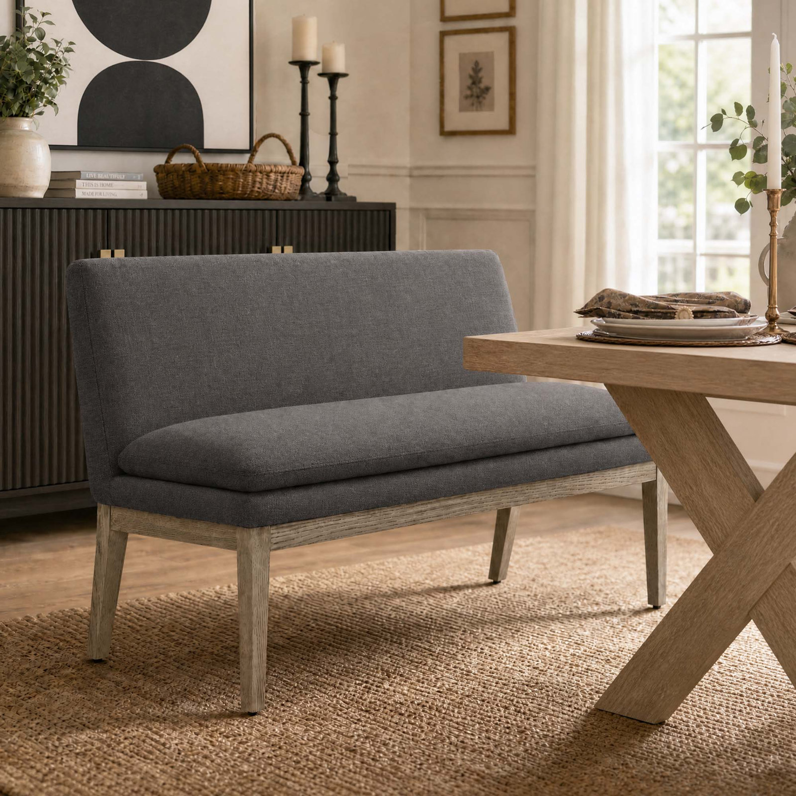 Bethea 55" Linen Dining Bench, Gray