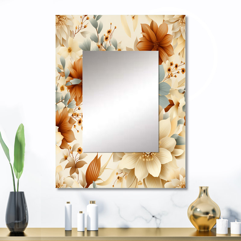 Motif floral beige doux doux brun - grand miroir floral, miroir mural décoratif floral, impression d'art en métal
