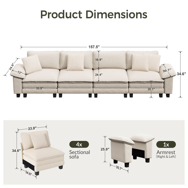 158" Modular Sectional Sofa, Comfy Cloud Couch For Living Room, 4-seater Deep Seat Sofa With Throw Pillow, Ivory Chenille