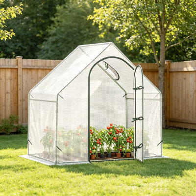 Walk-In Outdoor Garden Greenhouse with Roll-Up Door & Vent Window, Steel Frame PE Plant Growing House for Vegetables Herbs Flowers