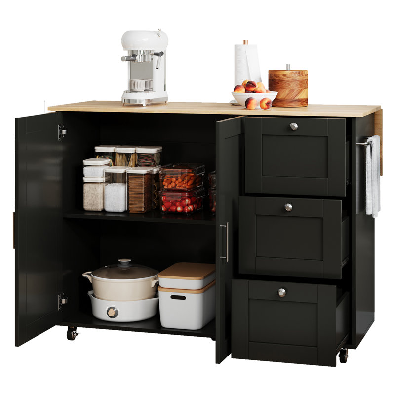 Buendia Kitchen Trolley with 3 Drawers and Storage Cupboards, Foldable Worktop, Black