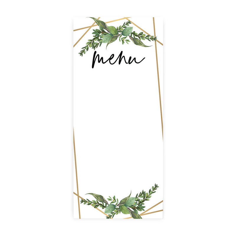 Cartes de menu imprimables géométriques en cuivre et verdure pour imprimante de bricolage, paquet de 52