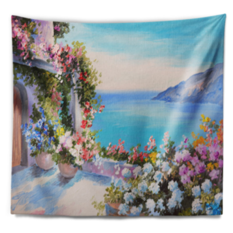 Tapisserie de mer et de fleurs de paysage, H 32 po x l 39 po