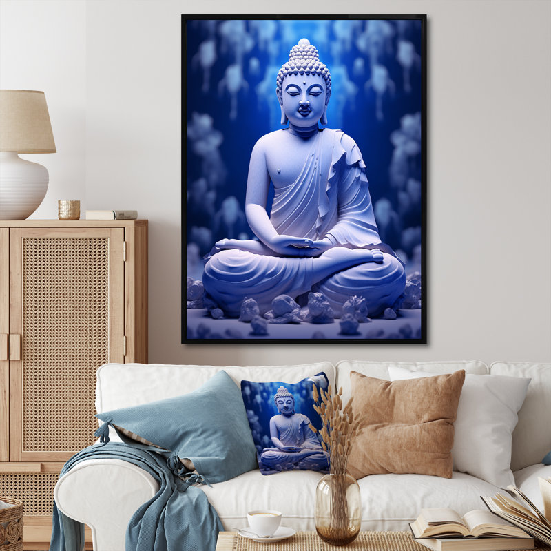 Reproduction sur toile, "Blue Medication Buddha Meditation", Cadre flottant noir, H 40 po x l 30 po x P 1,5 po