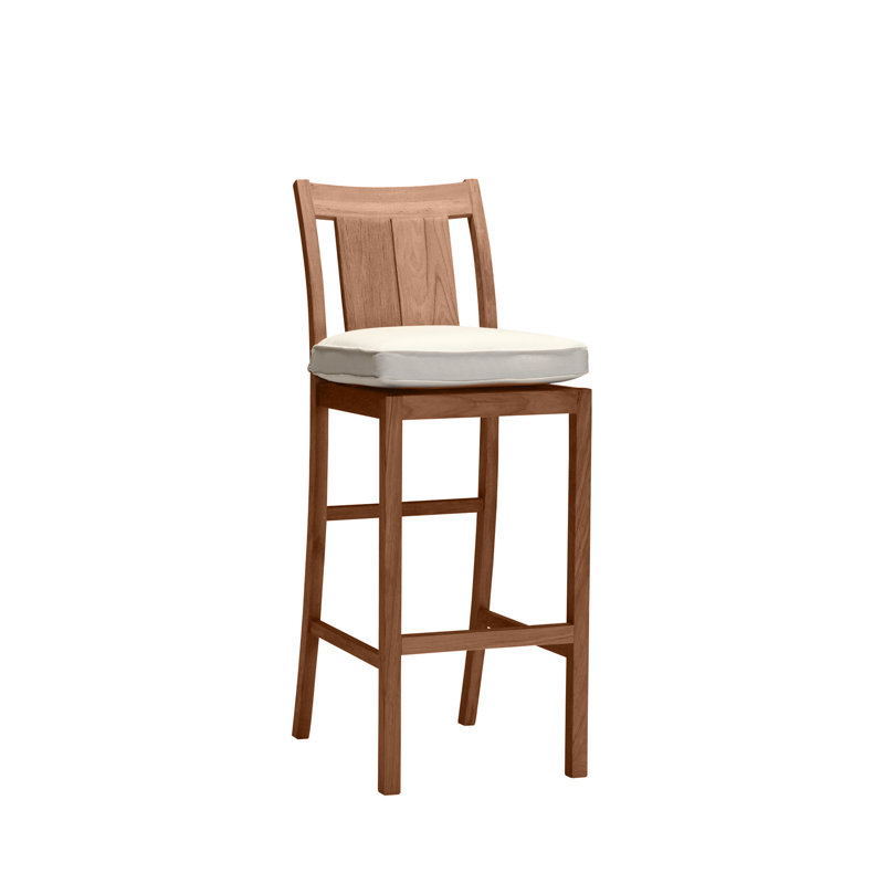 Croquet 30" Patio Bar Stool with Cushion, Welt, Linen Forest, Natural Teak