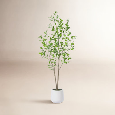 Aniston Faux Ficus Tree with Round White Planter, Pre Potted Faux Greenry Ficus Plant for Home Decor