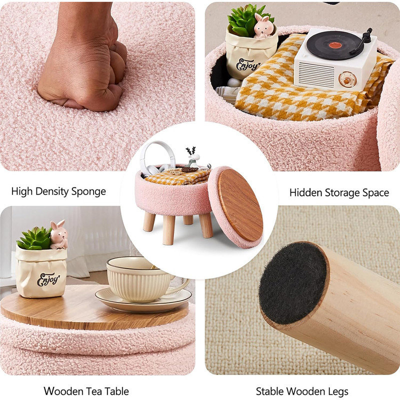 Pink Teddy Fabric Round Storage Ottoman with Natural Wood Legs