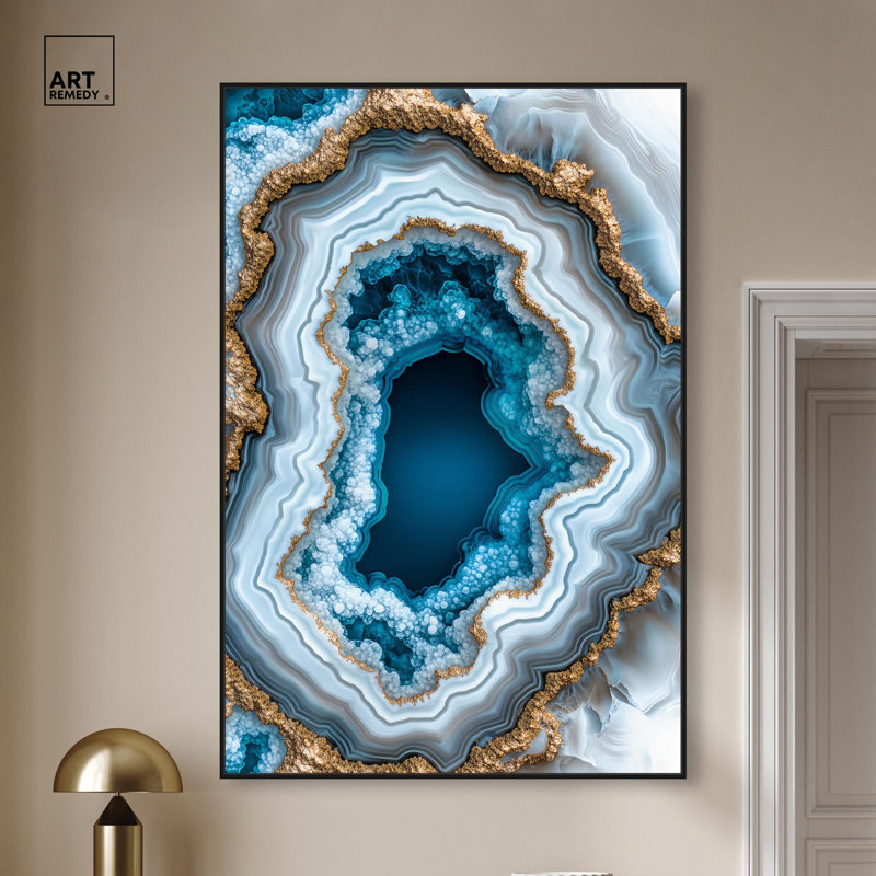 «Godeed Geode Eye II», art mural géode bleue par Art Remedy, H 55 po x l 37 po, Cadre flottant, Noir