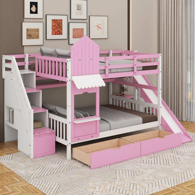 Lit superposé double au-dessus de double avec tiroirs, tablettes et glissoire, Rose