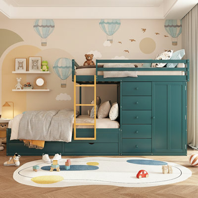 Lit superposé double au-dessus de 123,6 po avec garde-robe et 7 tiroirs de rangement - Lit en bois massif tout-en-un - Capacité de 550 lb