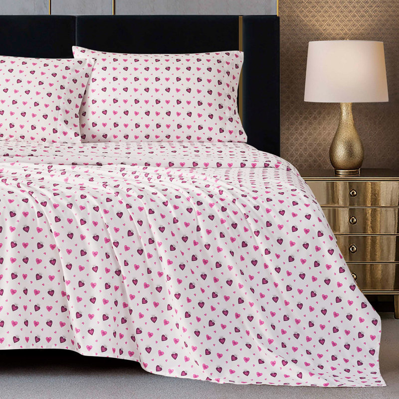 Baby Phat Printed Microfiber Sheet Set, Queen, Hearts with Crowns - White