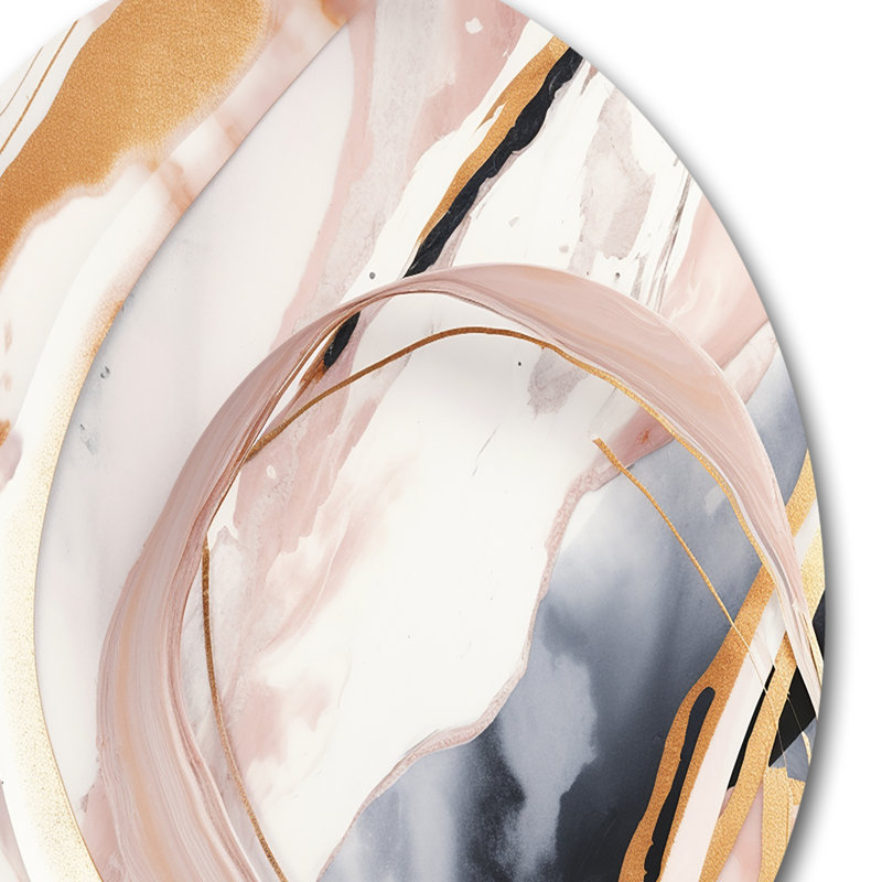 Fusion rose or rose - art abstrait rond en marbre sur métal, H 23 po x l 23 po x P 1 po