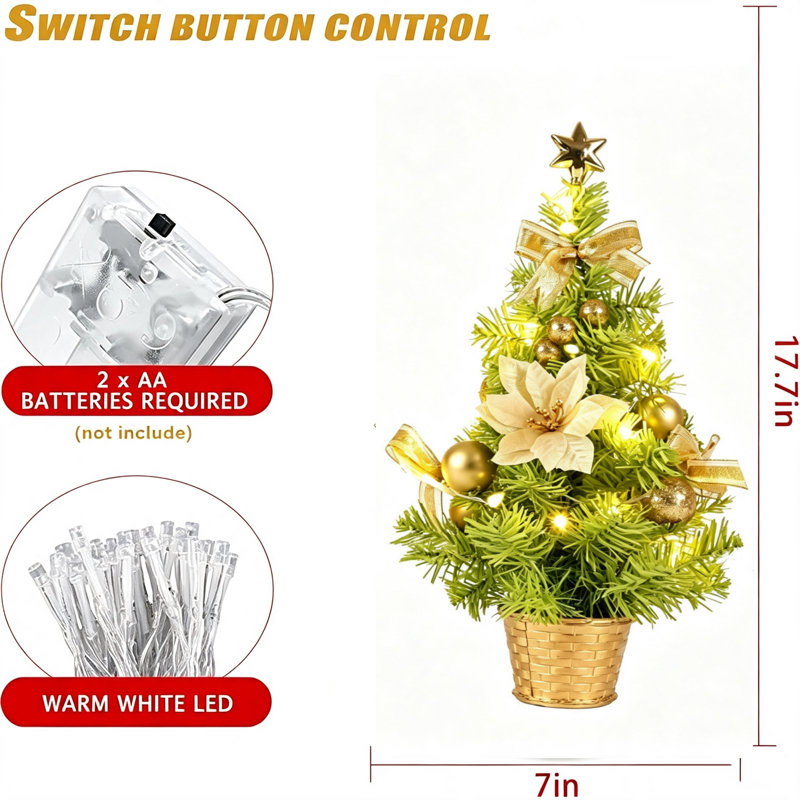 Mini arbre de Noël de bureau avec lumière DEL, pin de Noël de 17,7 po avec étoile en forme de boule de pin et boules de Noël pour ornement cadeau, Golden