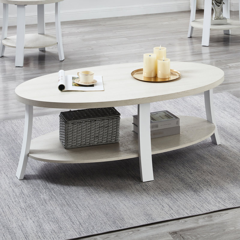 Table basse moderne en bois ovale avec tablette en blanc - Elegant Choice Stylish Snowy