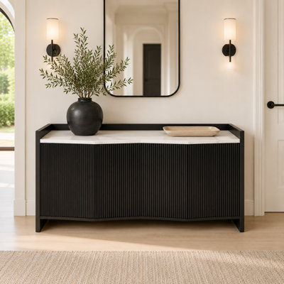 Buffet 70 po moderne avec plateau cannelé en faux marbre, buffet noir avec rangement, crédence à 4 portes pour salle à manger, salon, entrée, couloir