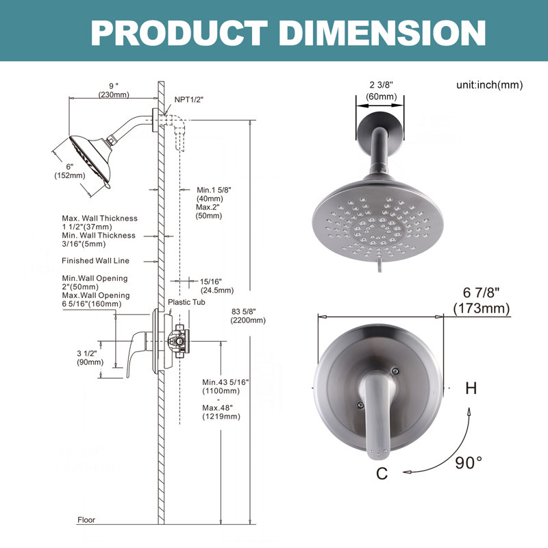 Mélangeur de douche à levier unique à 5 fonctions avec débit de 1,8 gal / min et valve incluse, Nickel brossé