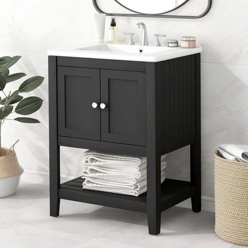 Meuble-lavabo simple 24 po avec comptoir en céramique 24 po, Noir, noir, noir, noir