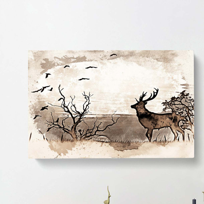 Stag Deer With Birds In Abstract - Wrapped Canvas, 50cm H x 76cm W x 3cm D