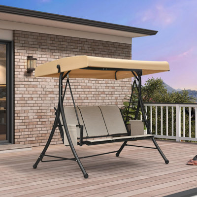  Porch Swing with Adjustable Tilt Canopy 3-Seat Patio Swing with Stand and Meatl Steel Frame All-Weather Outdoor Swing Chair Seat Space-Saving for Backyard Garden Deck (silver-gray)