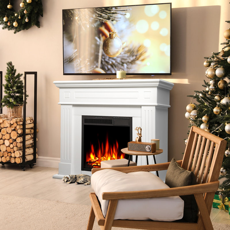 Tarijah 43" 1500W Electric Fireplace Mantel W/ Realistic LED Log Heater,Remote Control, Pearl White