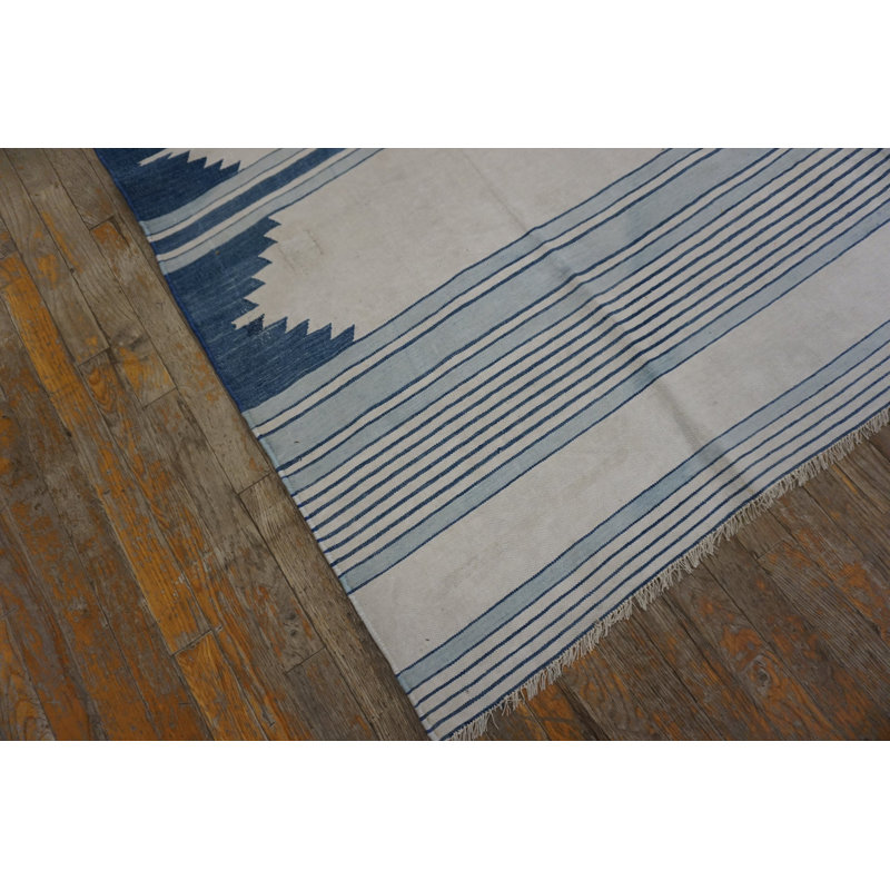 Ivory Antique Geometric Stripes Flatwoven Indian Cotton Dhurrie Gallery Rug