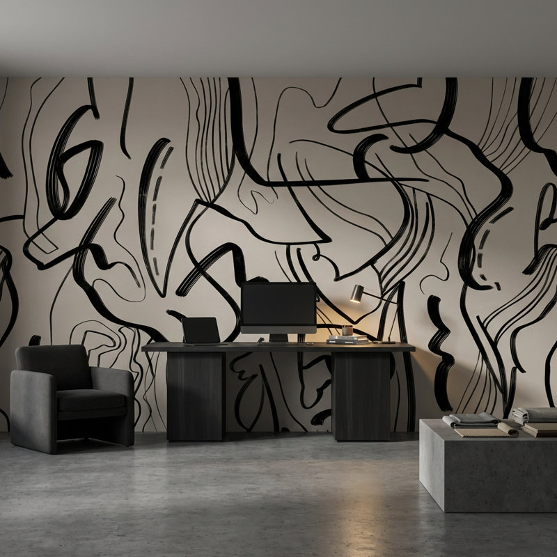 Papier peint abstrait à motif de lignes abstraites et amovibles beige, Non-Woven Nonpasted, 140"x108"