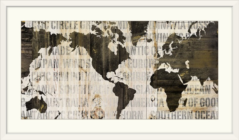«Crate World Map Neutral» par Sue Schlabach - impression d'art graphique, H 20 po x l 32 po x P 1 po, Cadre blanc