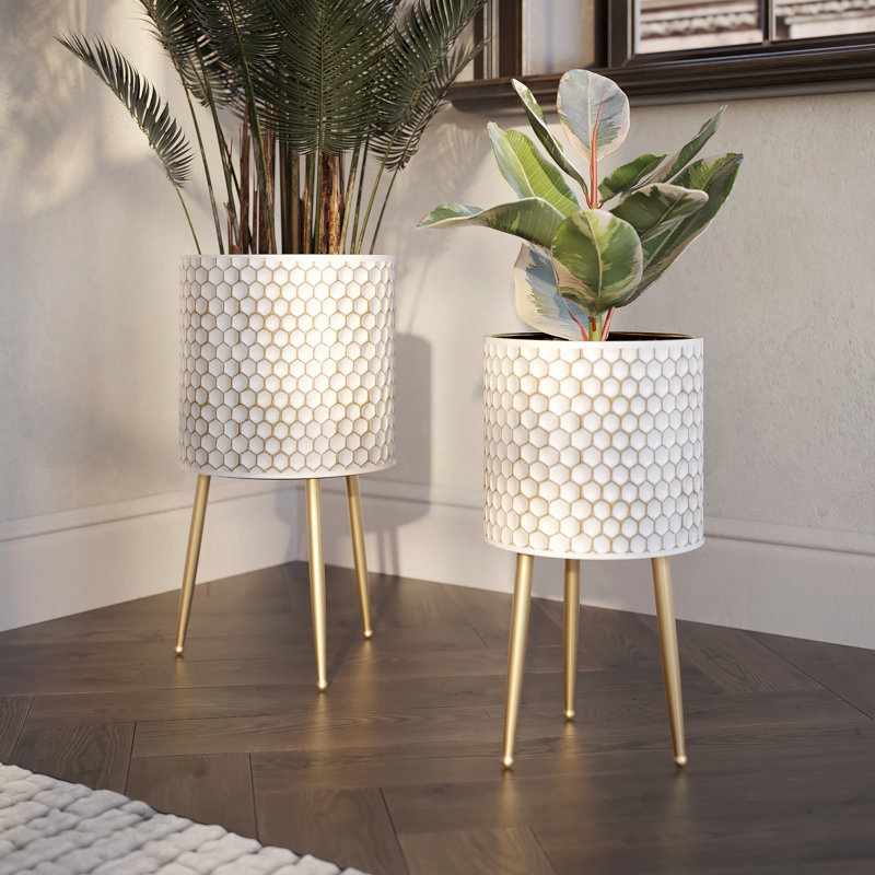 Honeycomb Mid Century Modern Indoor Metal Pot Planter With 3-Leg Metal Base - Set