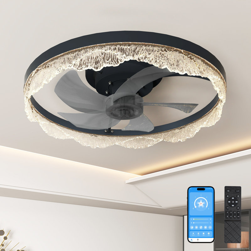 Ventilateur de plafond décoratif à DEL décoratif - Plafonnier encastré moderne avec anneau en acrylique d'inspiration cristal, pales cachées, télécommande et lumière à intensité variable pour les maisons élégantes (noir)