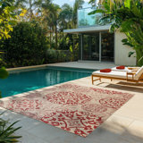 Solterra Sovana Red Cream Beige Transitional Tile Medallion Flatweave Polypropylene Indoor/ Outdoor Area Rug