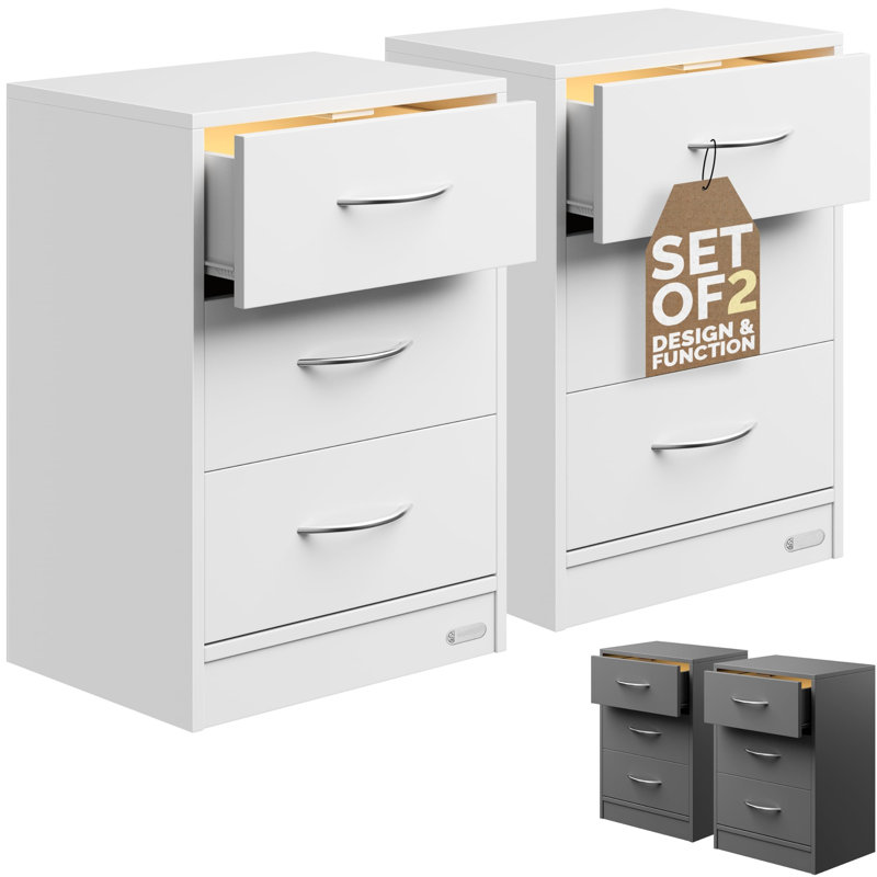2X Bedside Table With 3 Drawers, White