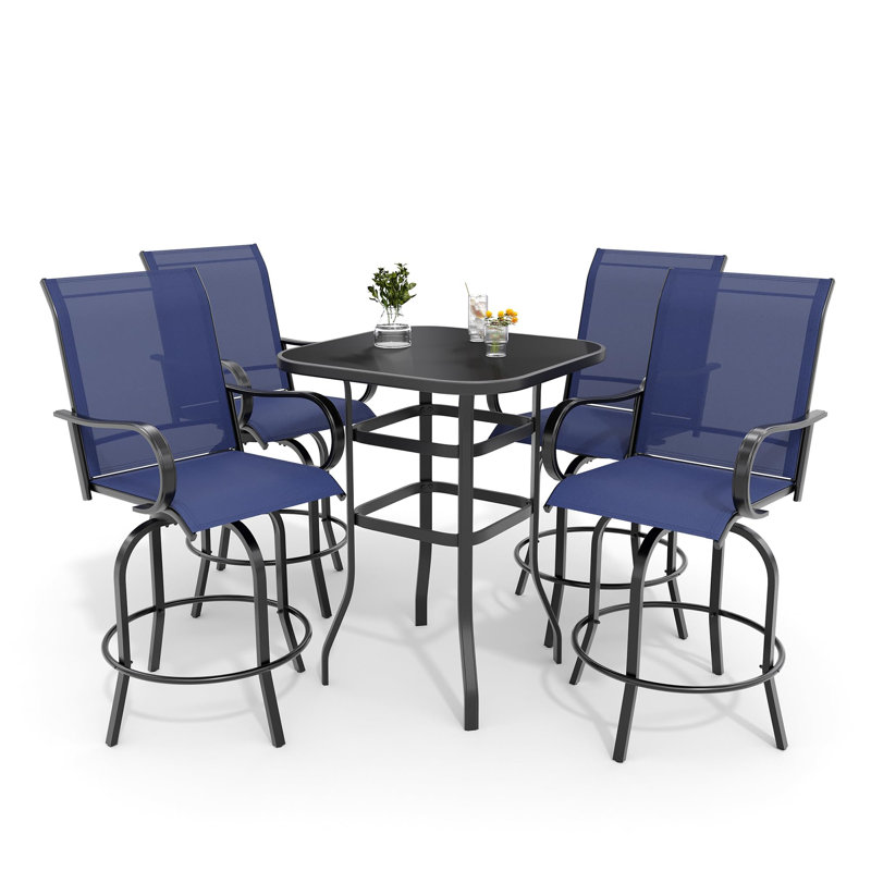 Patio Swivel Bar Sets, Outdoor High Top Bar Set With Outdoor Swivel Chairs And Glass Bar Table, Brown/Black, 4