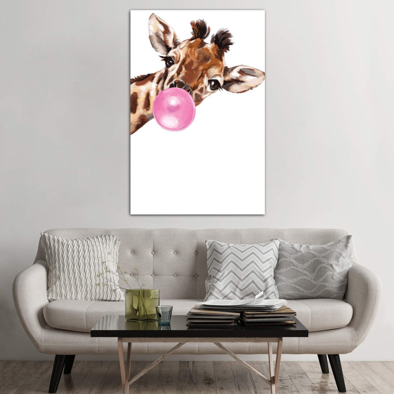 Sneaky Giraffe Blowing Bubble Gum by Big Nose Work - Print on Canvas, 101.6 cm H x 66.04 cm W x 1.91 cm D, No Frame