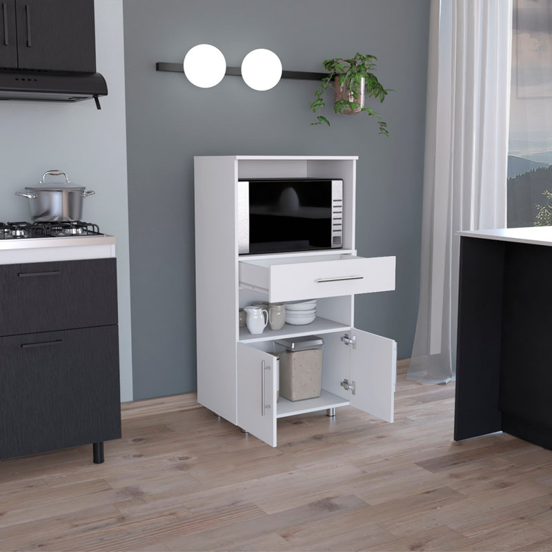 Kitchen Pantry H 48 ", deux tablettes de rangement ouvertes, une pour le micro-ondes, deux portes, quatre pieds