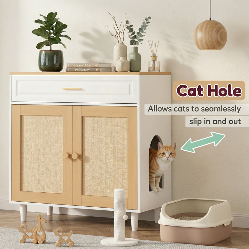 Armoire à litière cachée pour chat avec portes et tiroir en sisal, armoire à l'épreuve des chiens, meuble de salle de bain en bois, table de bout