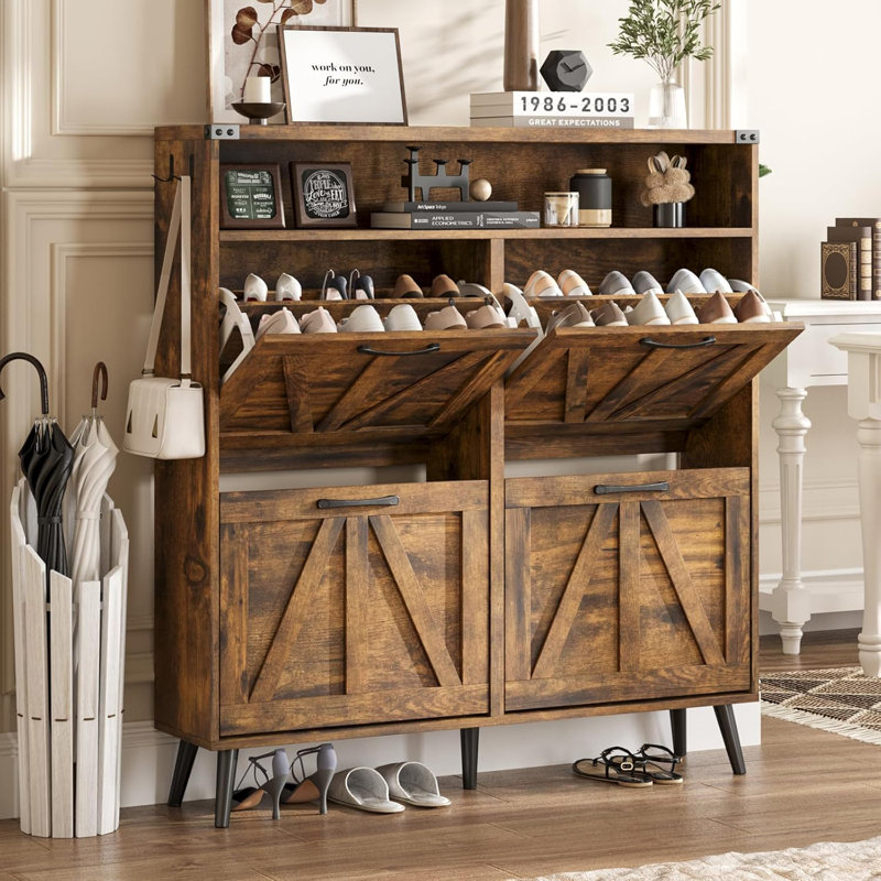Armoire à chaussures Farmhouse avec 4 tiroirs rabattables et rangement ouvert, rangement autoportant étroit pour le vestibule