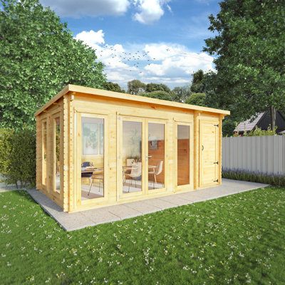 Mercia 17ft x 10ft Studio Pent Log Cabin With Side Shed (28mm)